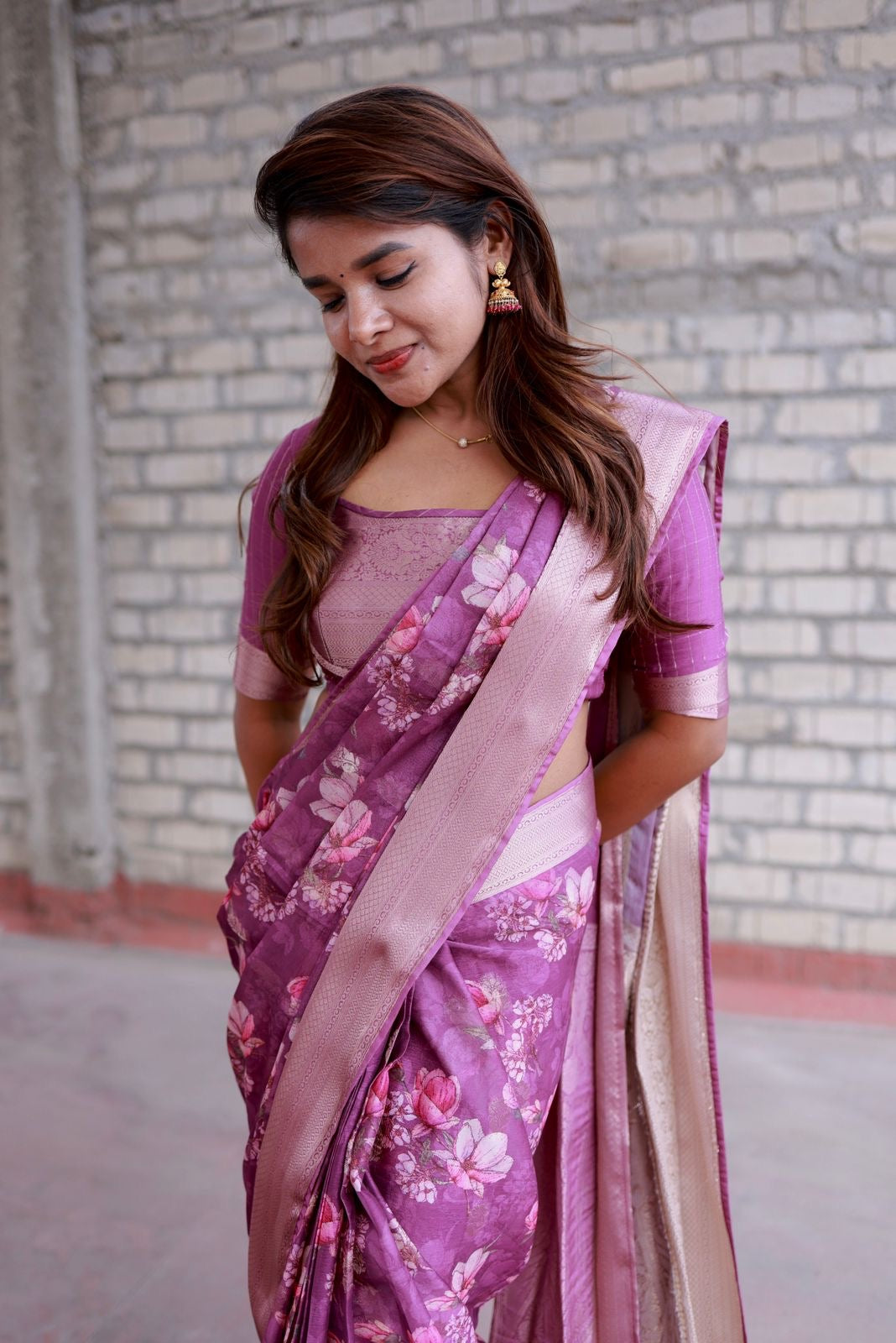 Cheryl pink georgette saree with patterned blouse
