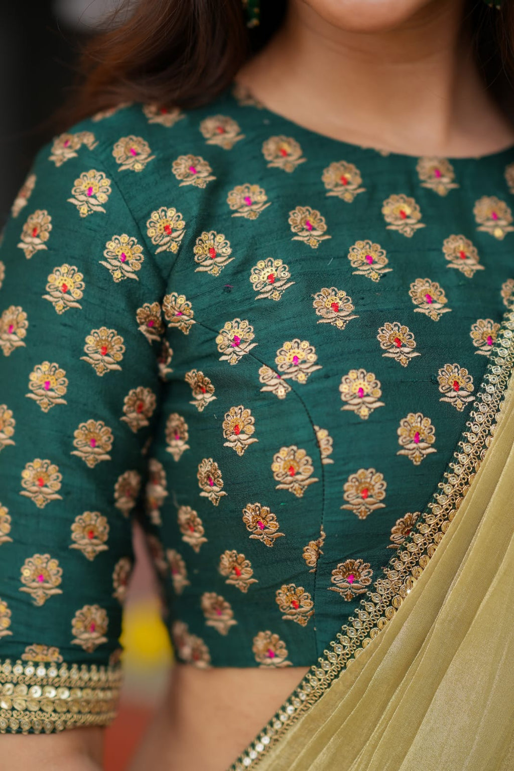 Gold tissue saree with green hand work blouse