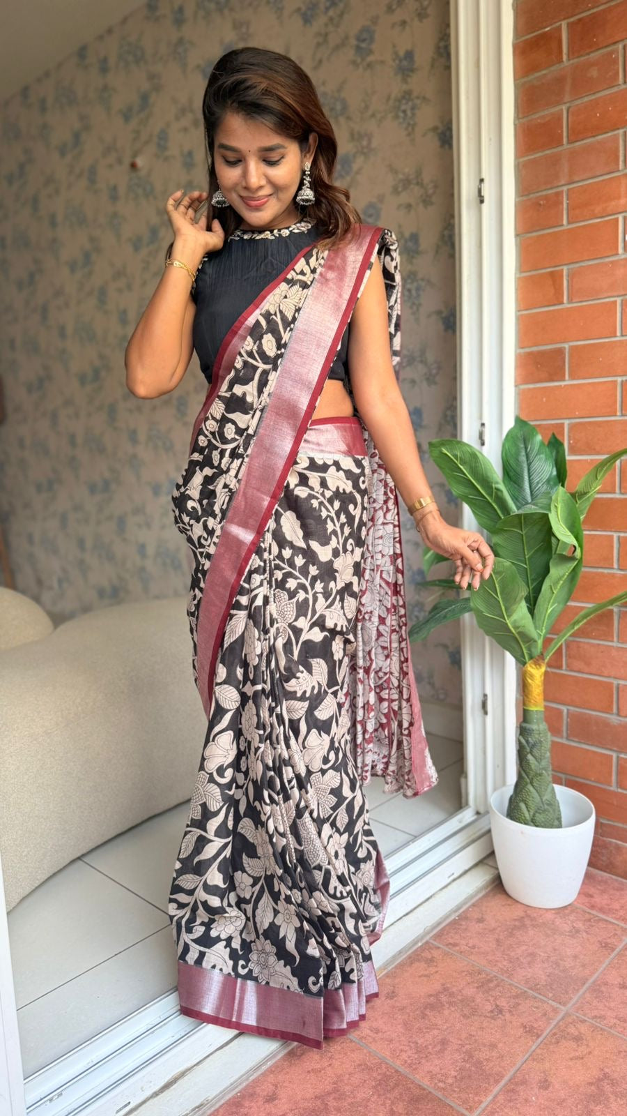 Black linen cotton kalamkari saree with embroidery blouse