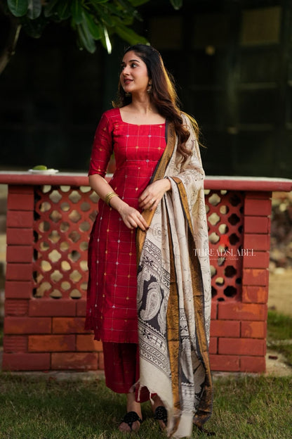 Red checked zari woven kurti