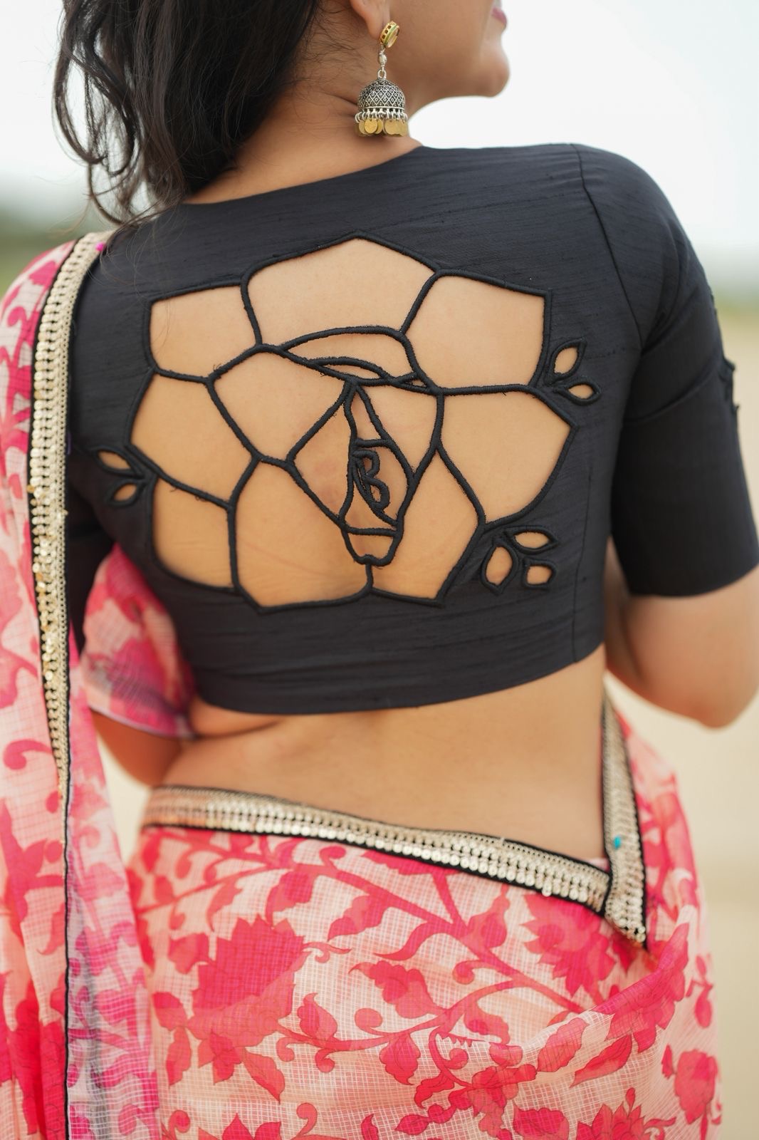 Black silk floral hand cut work blouse (only blouse)