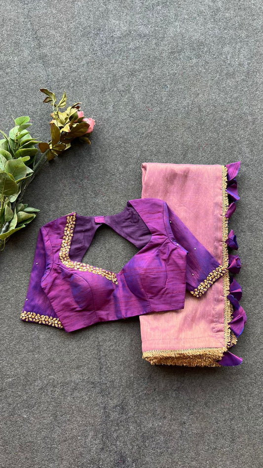 Pink tissue saree with purple hand work blouse