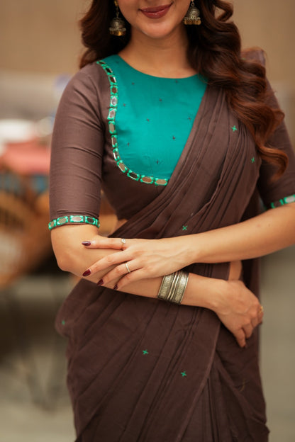 Dark brown mul chanderi with mirror blouse
