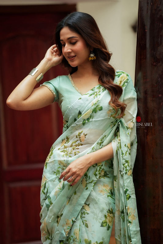 Sea green viscose jute saree with hand work blouse