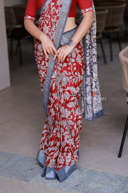 Reddish maroon linen cotton kalamkari saree with embroidery blouse