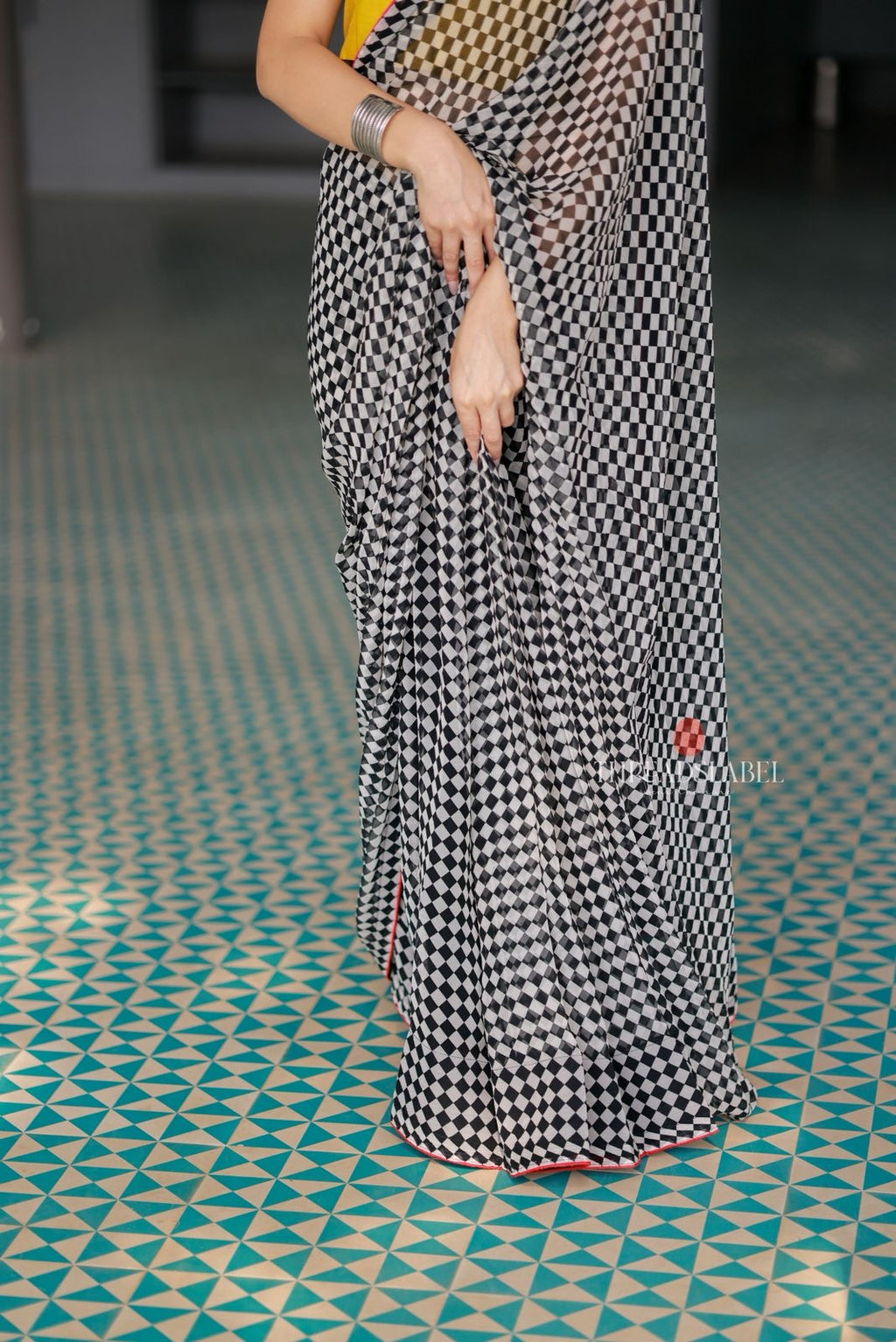 Black & white matrix chiffon saree with chess blouse