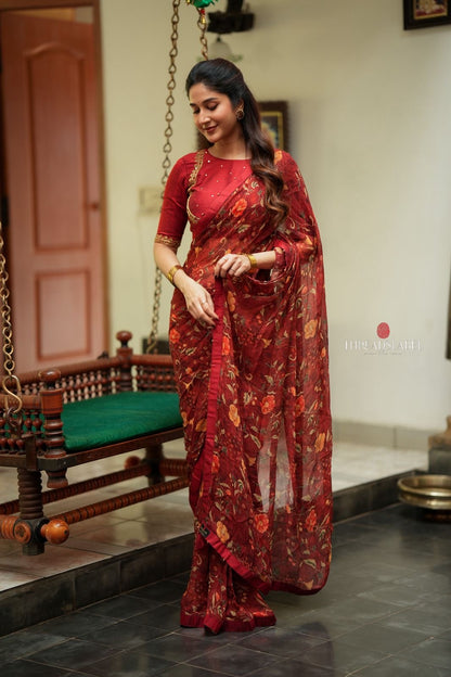 Maroon chiffon floral saree with hand work blouse
