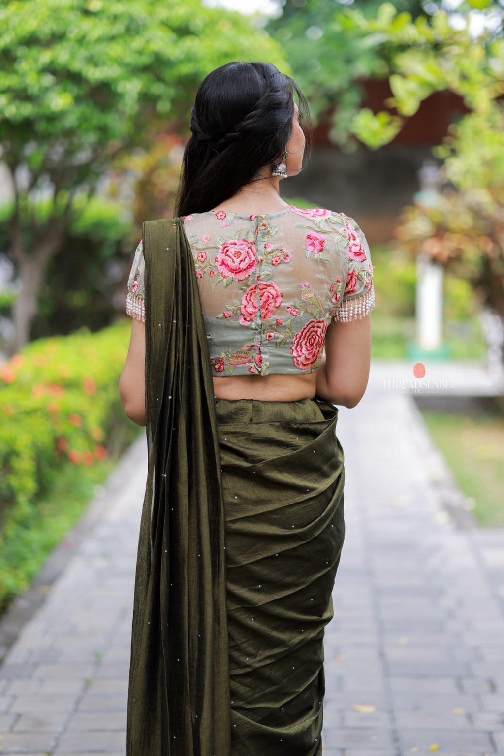 Bottle green Marble Saree with Handwork Blouse