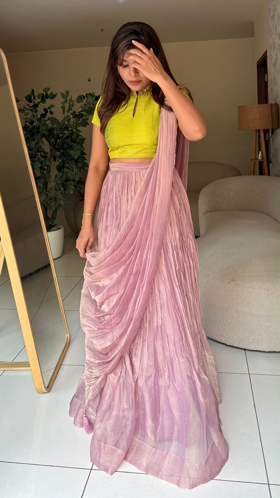 Purple pink tissue hand work lehenga