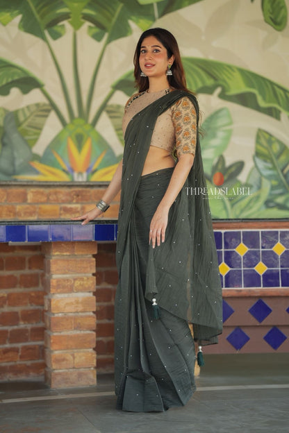 Bottle green mul chanderi saree with mirror work blouse