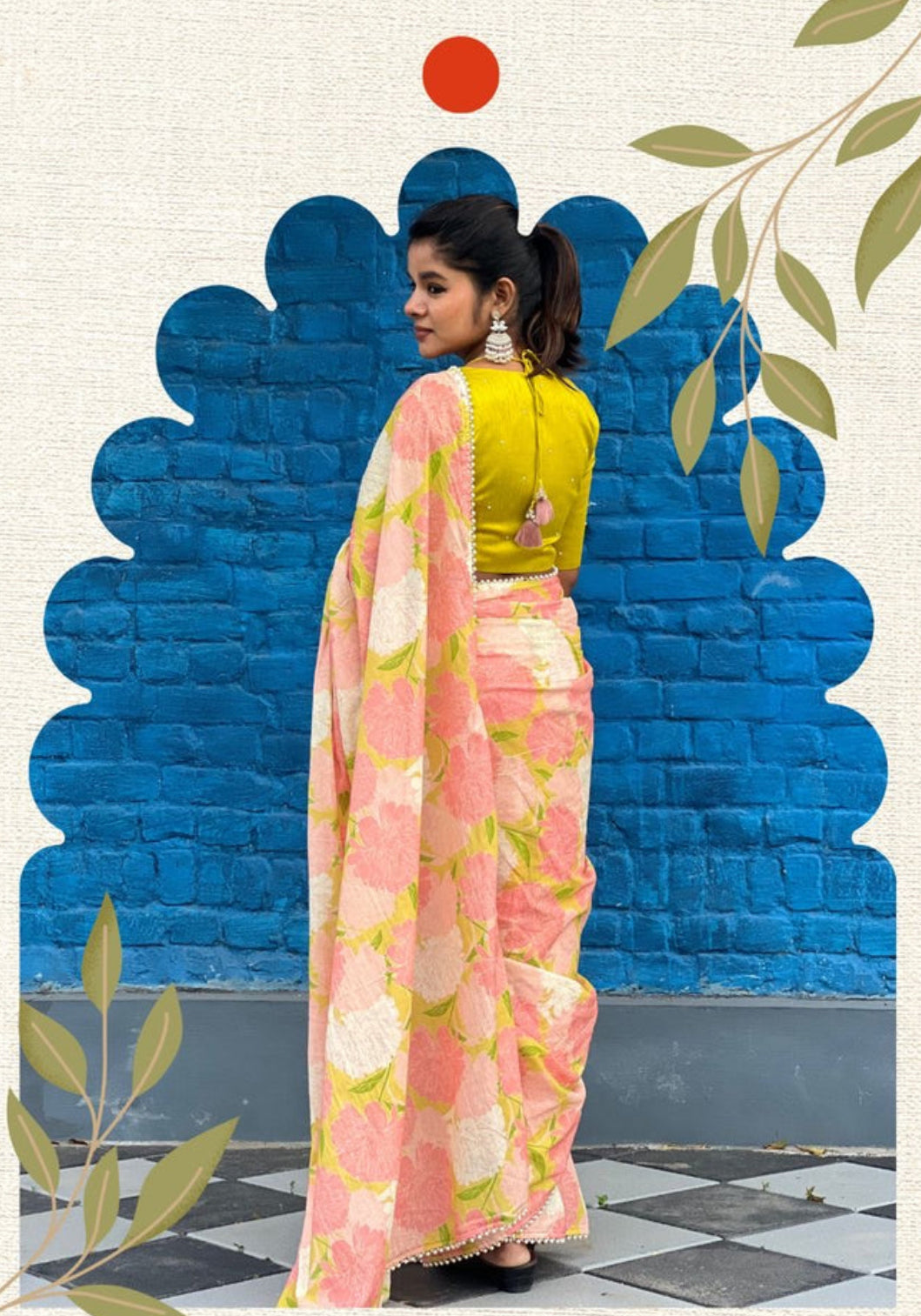 Pink floral cotton saree with lime yellow silk hand work blouse