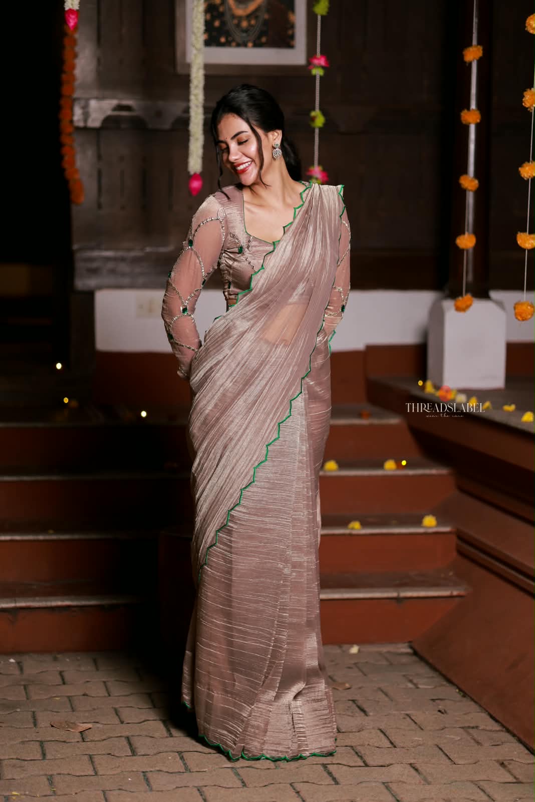 Dusty silver tissue hand made saree & blouse