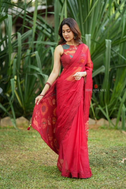 Maroon soft organza saree with kalamkari blouse