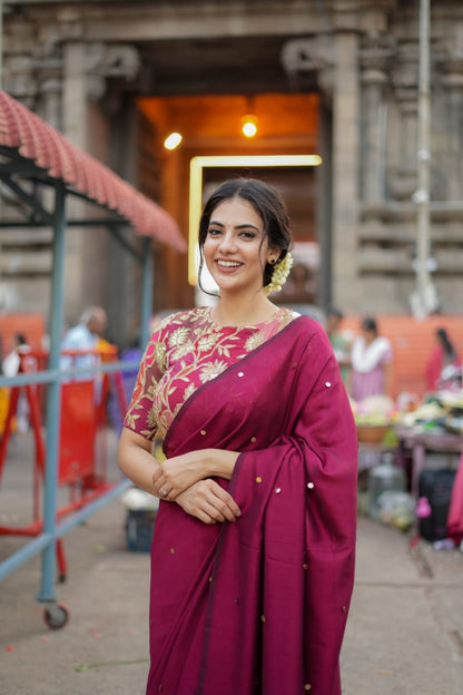 Maroon marble silk saree with embroidery blouse