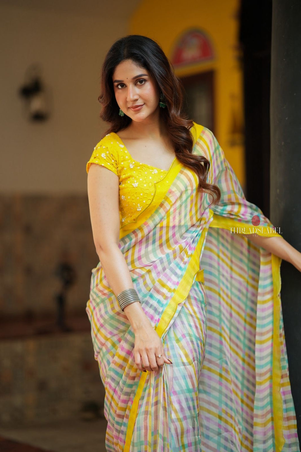 Multi viscose jute saree with hand work blouse