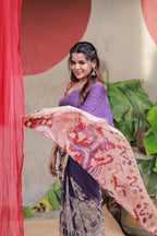 Purple kota saree with kalamkari work blouse