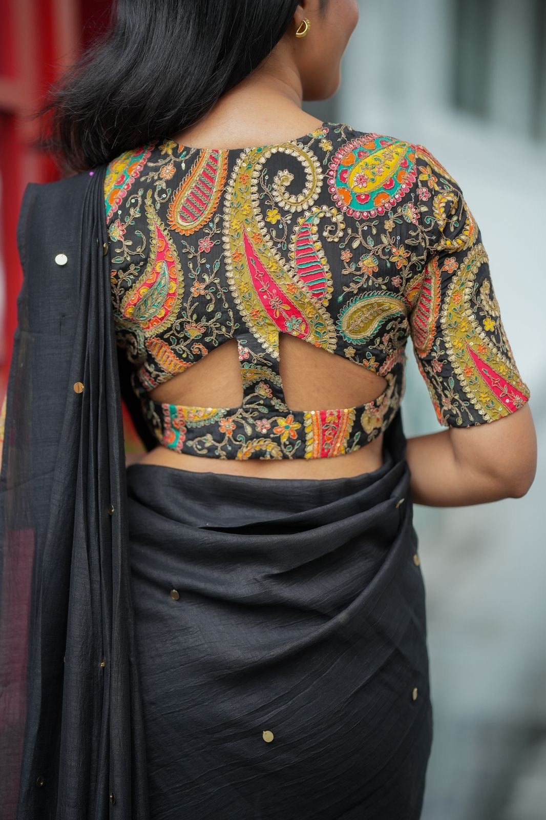 Black malai chanderi saree with heavy embroidery blouse