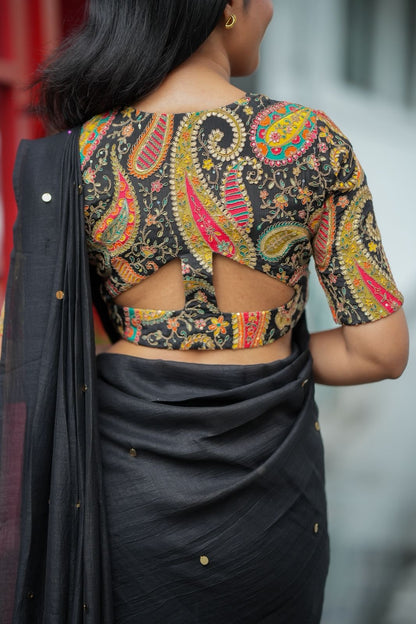 Black malai chanderi saree with heavy embroidery blouse