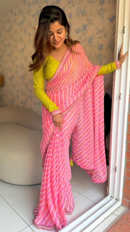 Pink lehariya saree with green hakoba embroidery blouse
