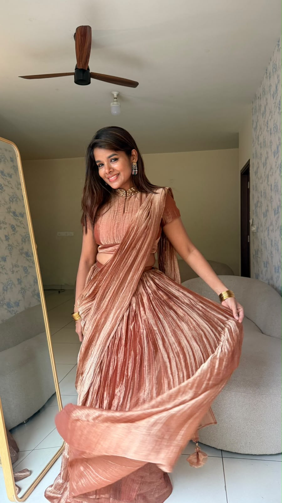 Copper tissue hand work lehenga