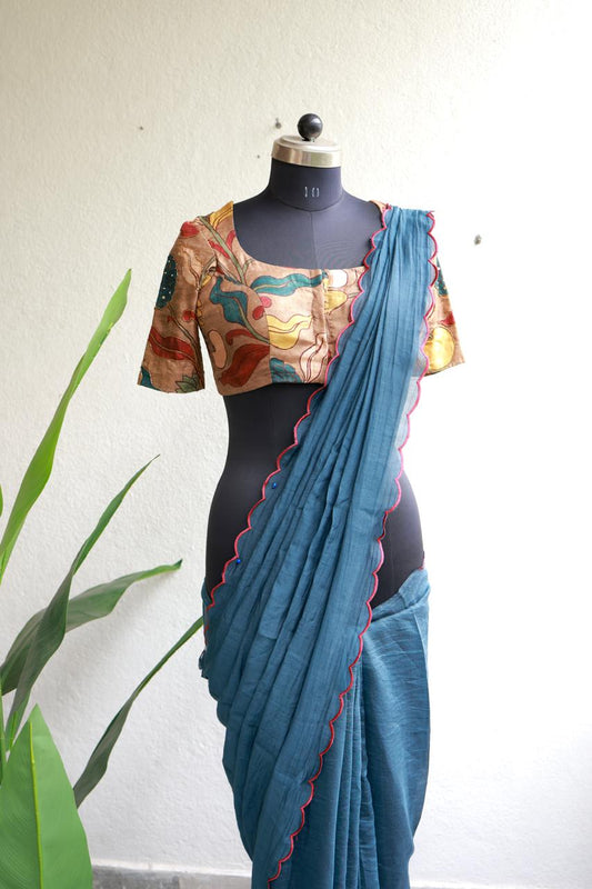 Blue malai cotton saree with kalamkari handwork blouse