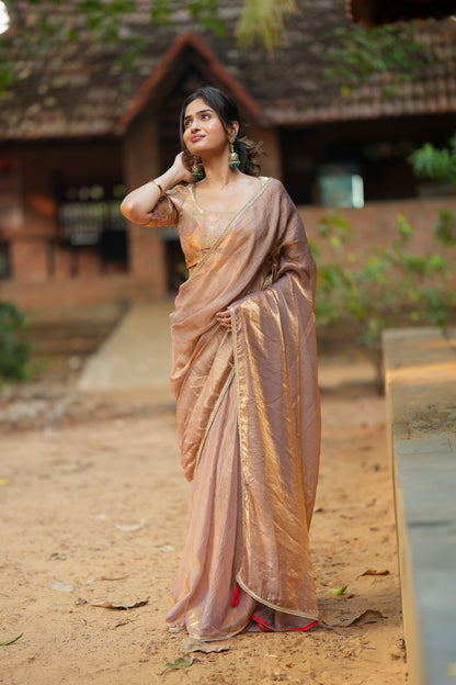 Golden peach glass tissue saree with banarasi blouse