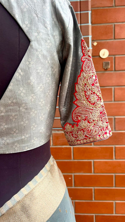Grey banarasi saree with heavy embroidery blouse