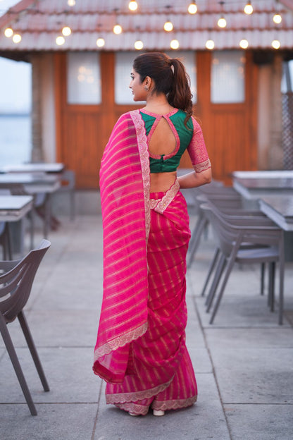 Pink organza silk saree with banarasi blouse