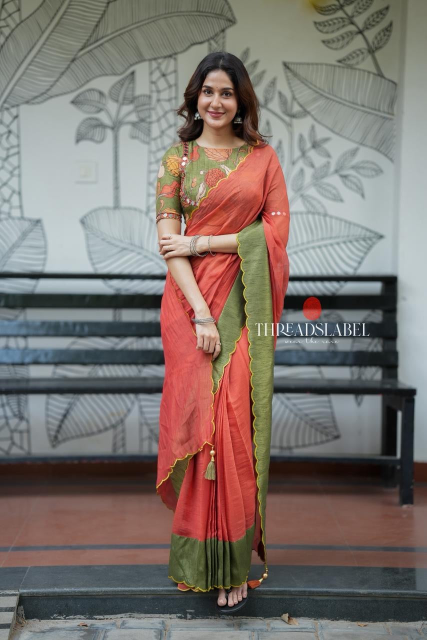Orange rust mul cotton saree with kalamkari mirror blouse