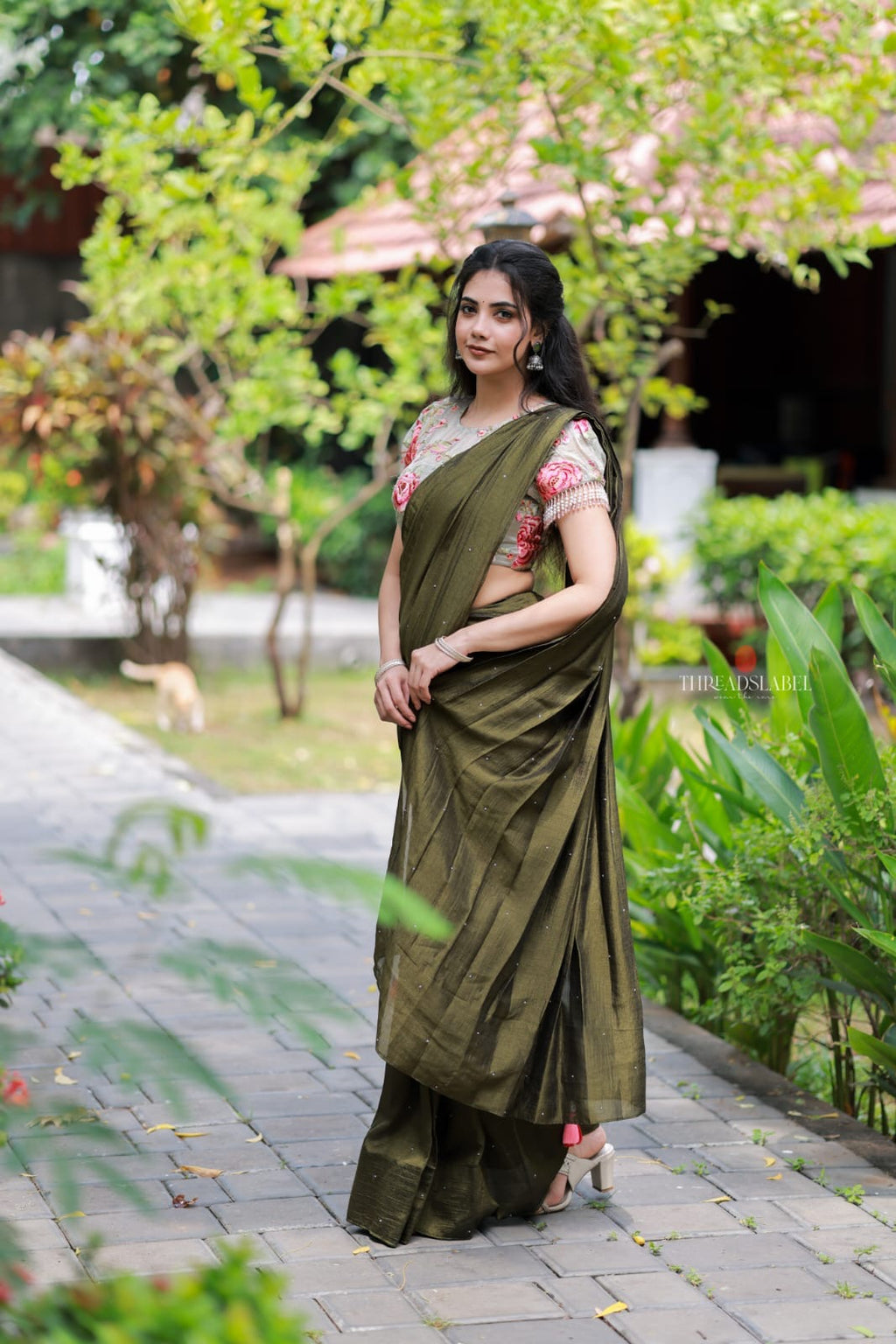 Bottle green Marble Saree with Handwork Blouse