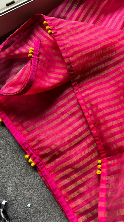 Pink stripped tissue saree with yellow floral hand work blouse