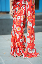 Orange red chinnon silk saree with white organza blouse