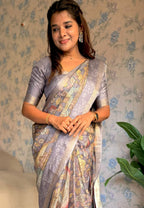 Smokey grey linen cotton kalamkari saree with pearl work blouse