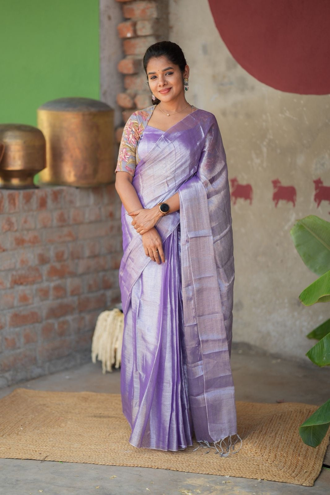 Lavender soft tissue saree with embroidered blouse