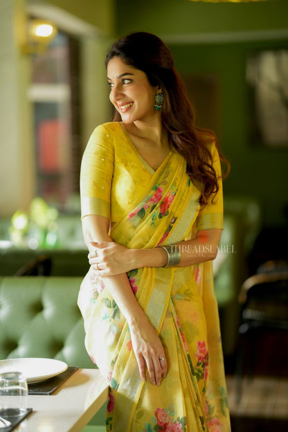 Yellow linen cotton saree with hand work blouse