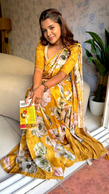 Mustard yellow marble saree with pearl work blouse