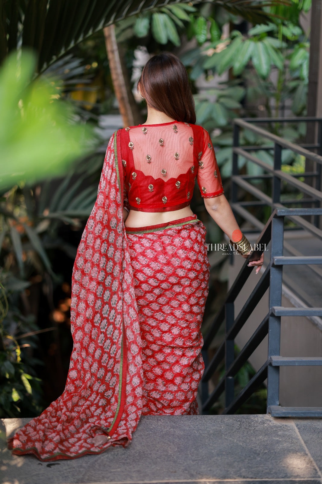 Red cotton kota saree with hand work blouse