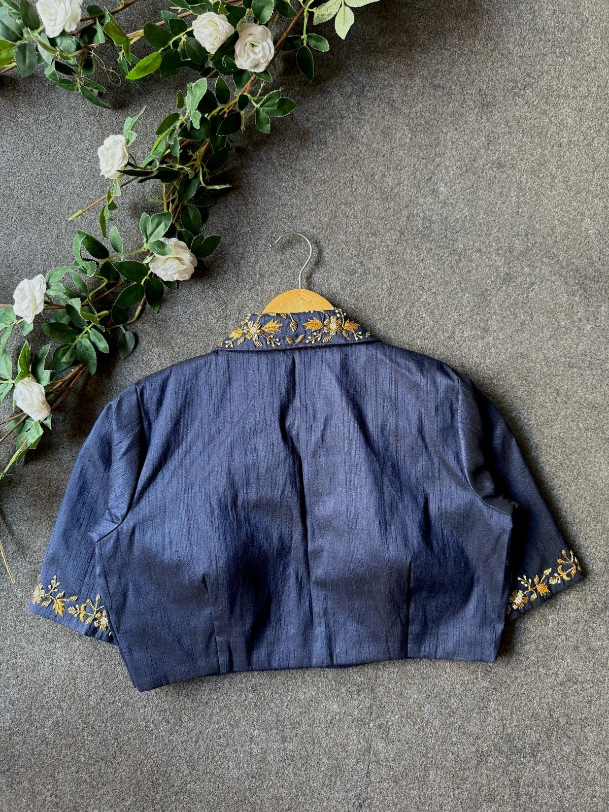 Midnight blue silk collar hand worked blouse