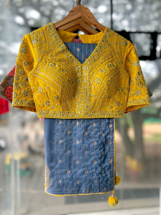 Blue banarasi silk saree with yellow embroidery blouse