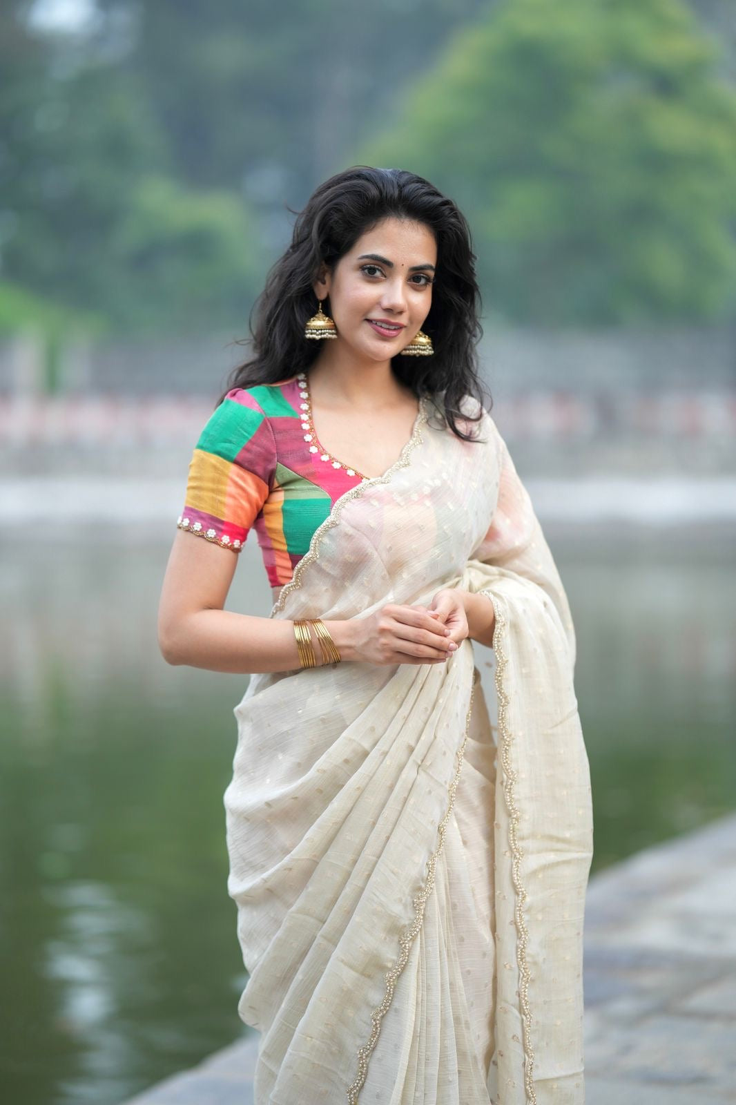 Beige georgette tissue saree with multi hand work blouse