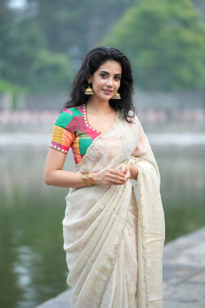 Beige georgette tissue saree with multi hand work blouse