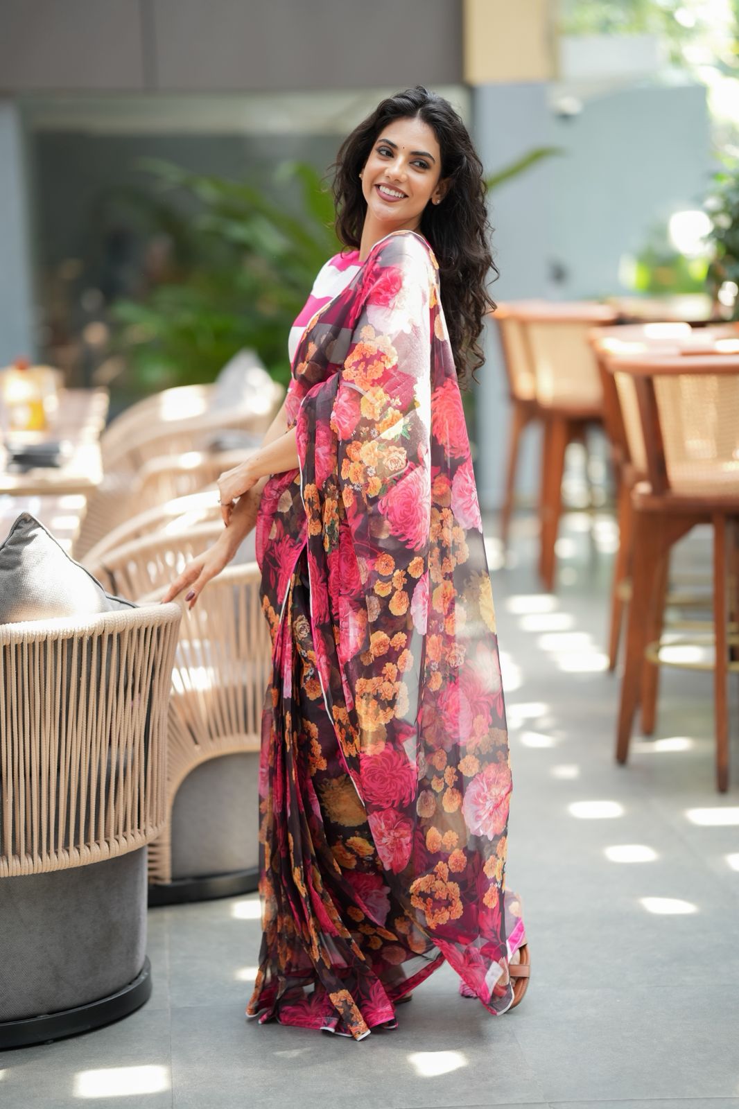 Deep brown soft organza saree with satin blouse
