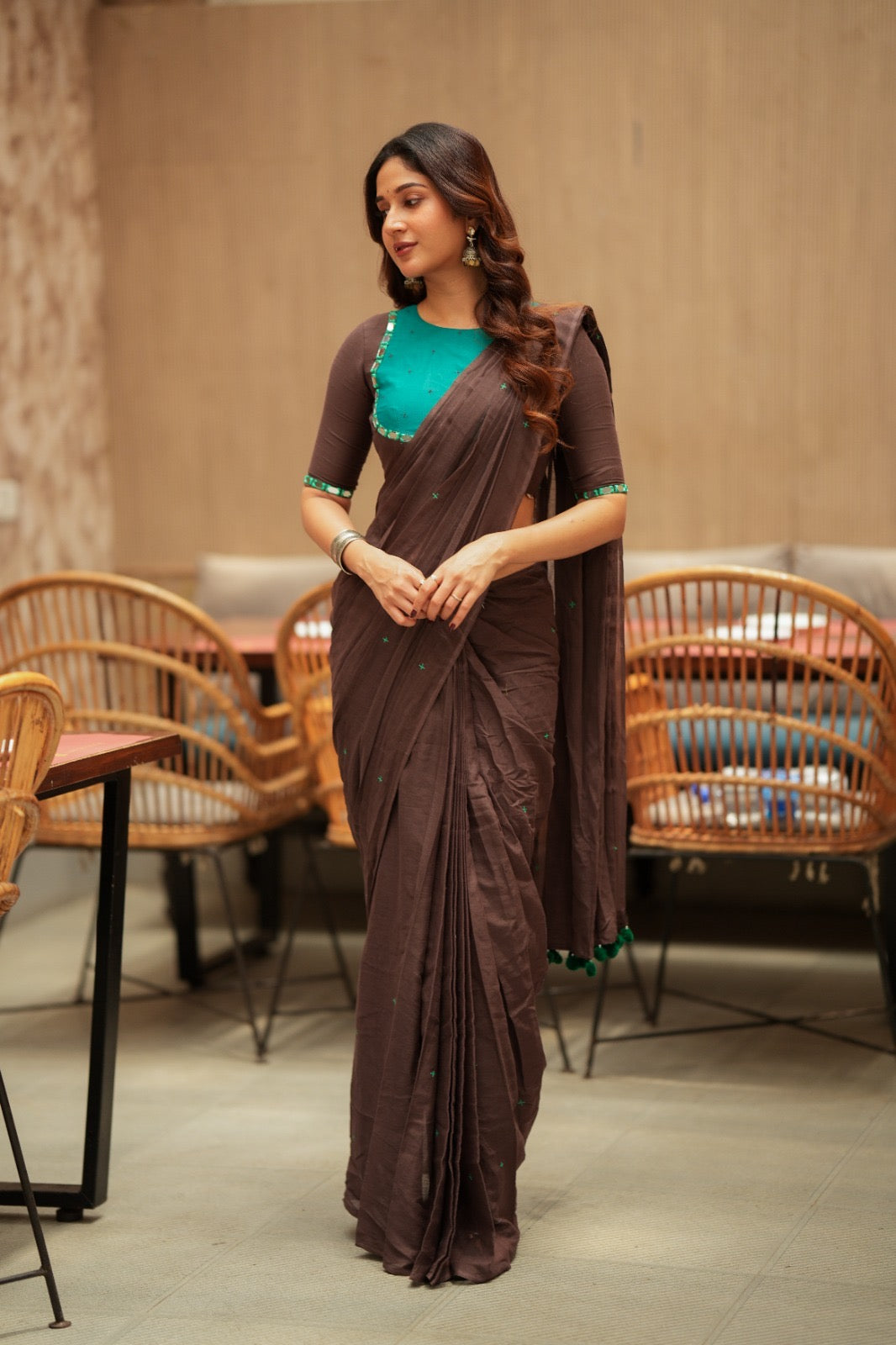 Dark brown mul chanderi with mirror blouse