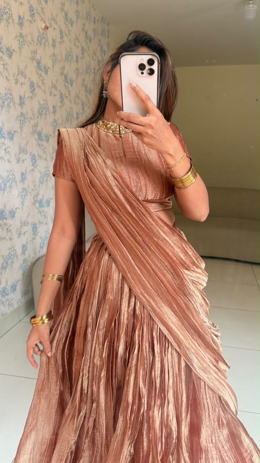 Copper tissue hand work lehenga