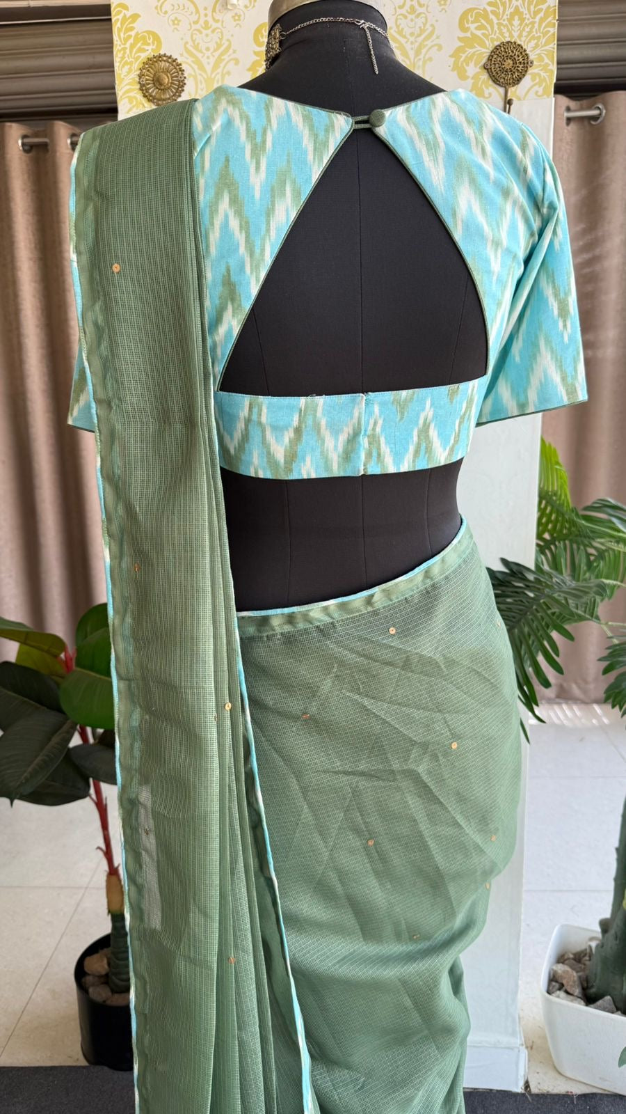 Green kota saree with blue cotton blouse
