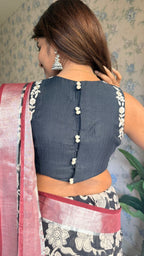 Black linen cotton kalamkari saree with embroidery blouse