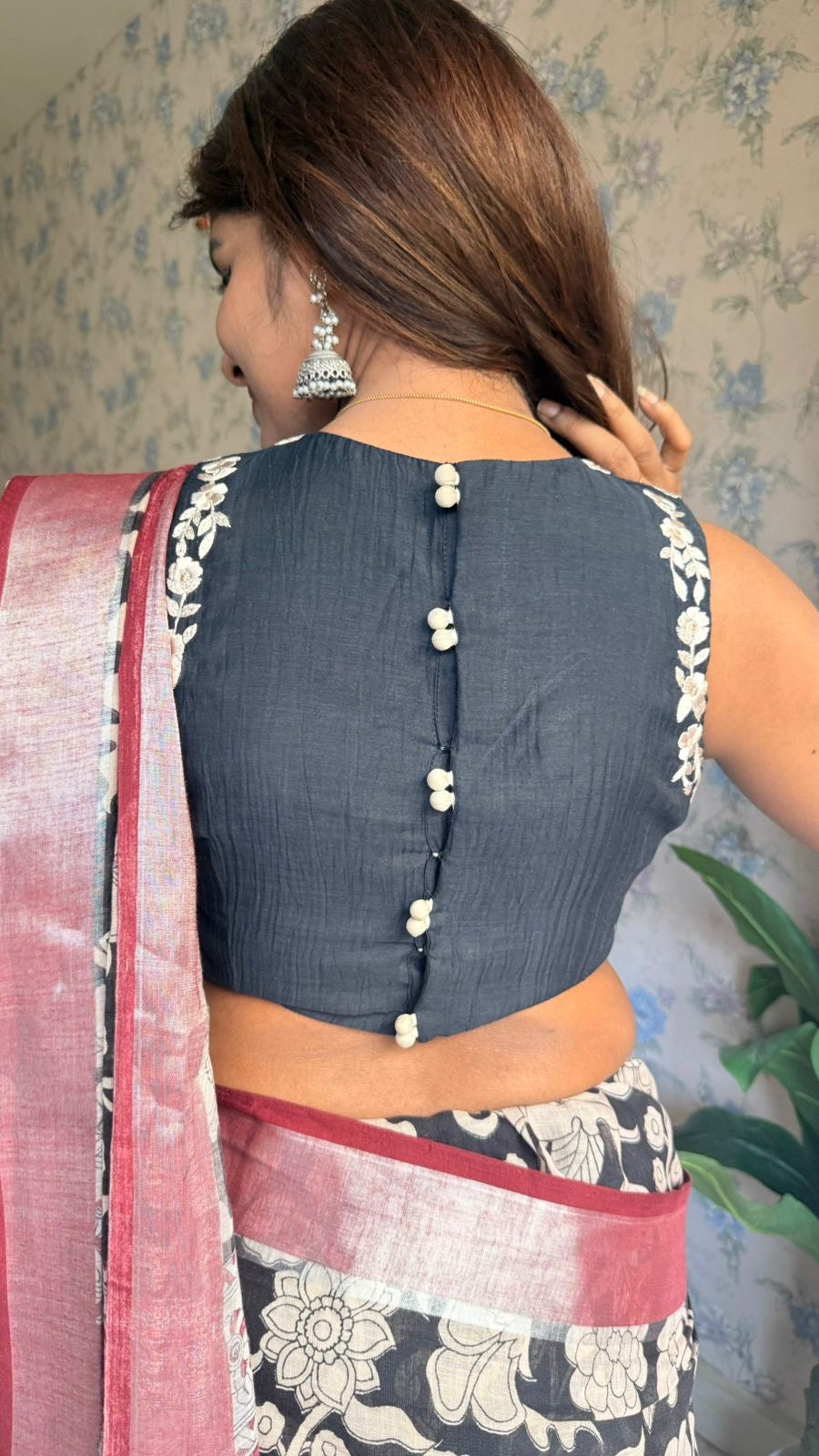 Black linen cotton kalamkari saree with embroidery blouse