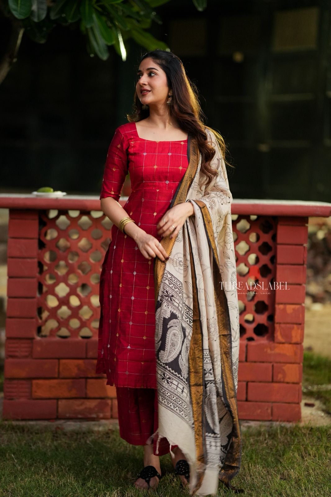 Red checked zari woven kurti