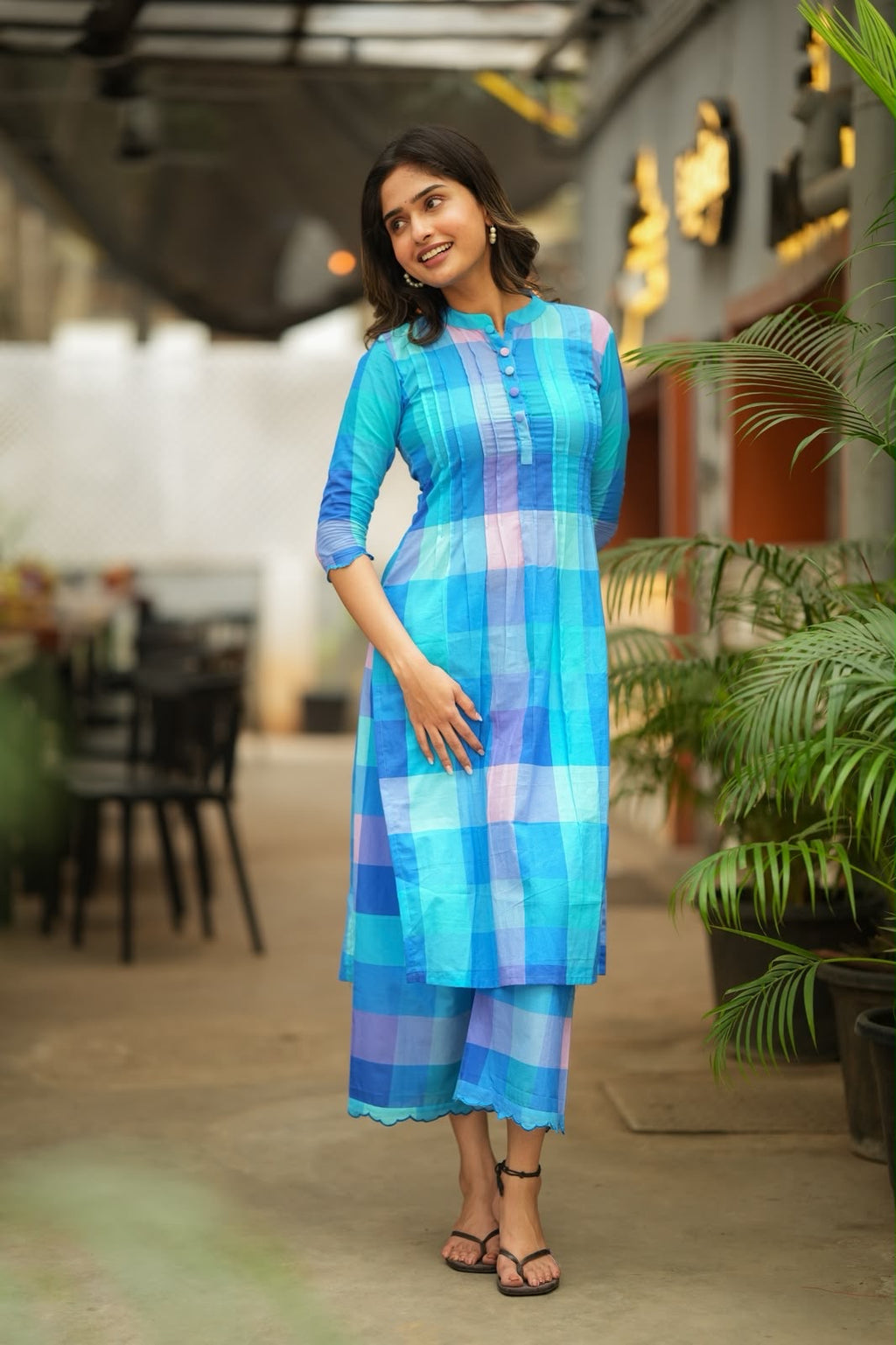 Blue checked cotton 2 piece kurti