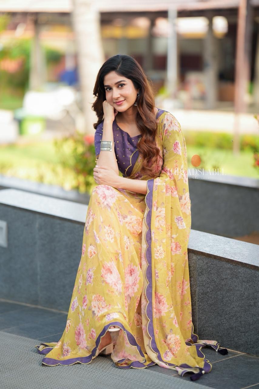 Mehandi green georgette saree with hand work blouse